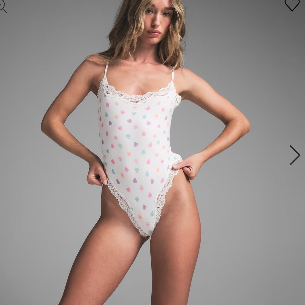 SKIMS White Bodysuit with Pink and Blue Hearts